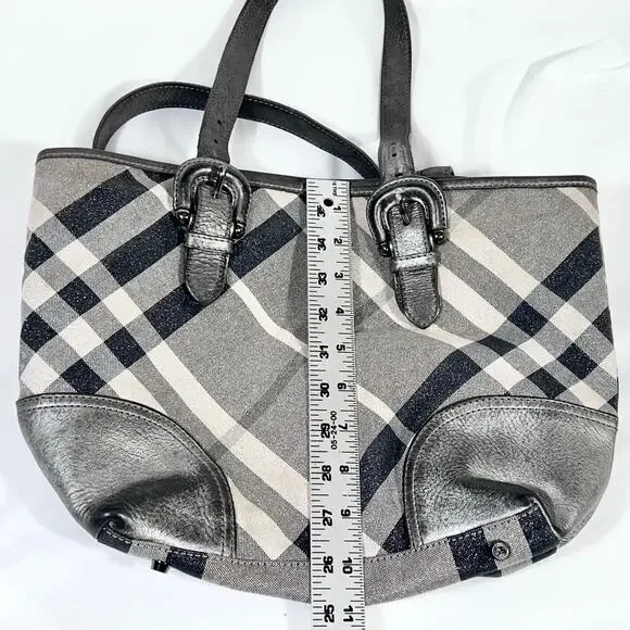 Burberry Super Nova Shimmer Check Tote Bag Canvas Leather Trim Open Top Pockets - Picture 15 of 16